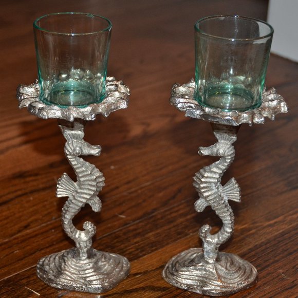 PAIR INDIA BLUE GLASS SILVER SEAHORSE BEACH OCEAN NAUTICAL VOTIVE CANDLEHOLDERS